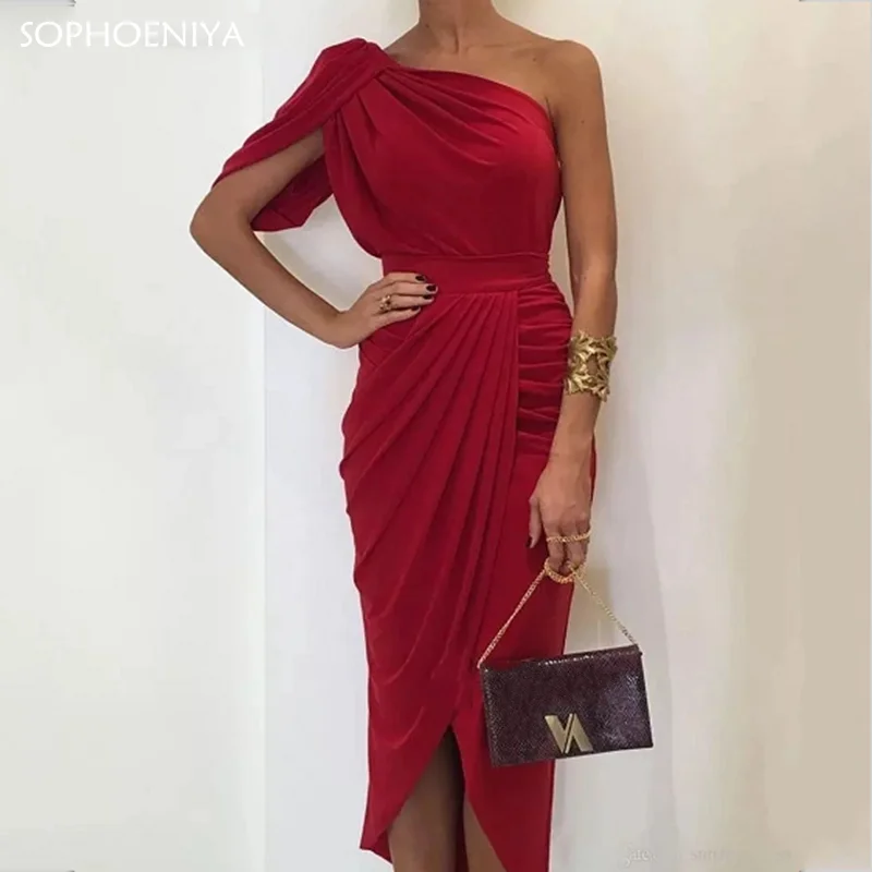 

New Arrival One-Shoulder Prom Dresses Sexy Front Split Tea-Length Pleat Mermaid Evening Dress Vestido De Festa Prom Gown