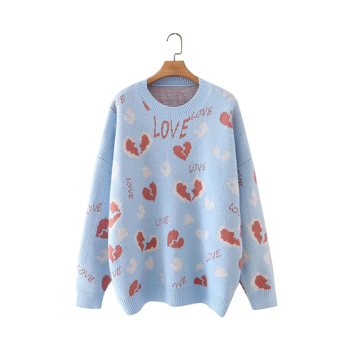 

Women 2021 Fashion Elegant Heart Knitted Sweater Jumper O Neck Female Oversize Pullovers Chic Tops