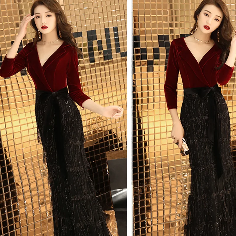 Вечернее платье, сексуальное, с глубоким v-образным вырезом, Robe De Soiree, рукав три четверти, женские вечерние платья, с блестками, элегантные вечерние платья F227