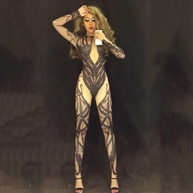 Сексуальный черный телесный комбинезон Стразы сексуальная одежда для ночного