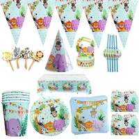 108pcslot jungle animals theme cups plates tablecloth banner napkins kids favors invitation card straws cake toppers hats