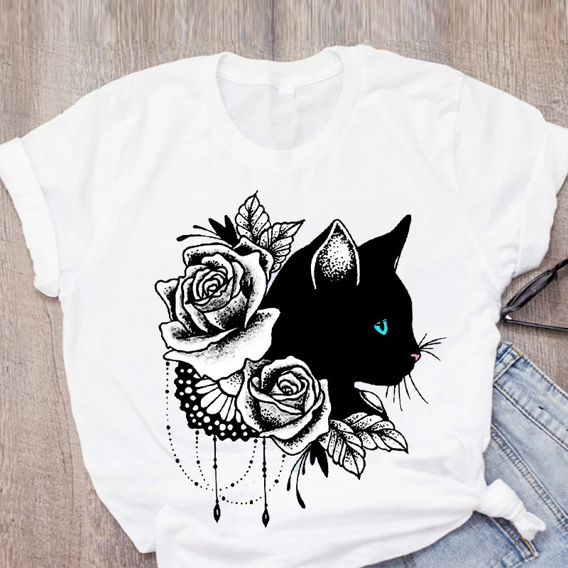 

Women Cat Flower Pet Cute Short Sleeve Fashion Printed Summer Lady Womens Clothing Tops T-Shirt Shirt Tees Female T Shirt
