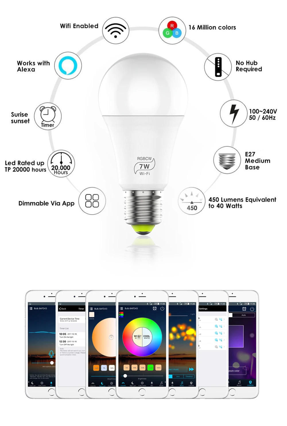 Asafee Magic Home Wifi смарт-лампы в виде светодиодный светильник E27 RGB 4,5 Вт 7 Вт умный Светильник лампы 220v 110v Совместимость с Alexa Google Home