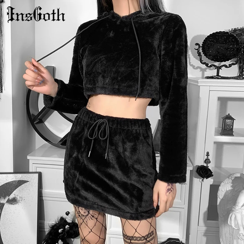 

InsGoth Goth Sexy Faux Fur Black Skirt Suit Y2K Harajuku Long Sleeve Crop Tops Hoodies Grunge High Waist Mini Skirts 2pcs Sets
