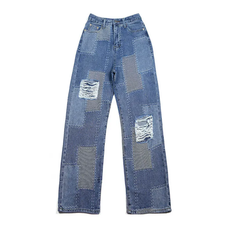 

Zoki Ripped Women Jeans Loose Straight Patchwork High Waist Hole Fashon Streetwear Y2K Female Denim Pants Blue Pocket Jean