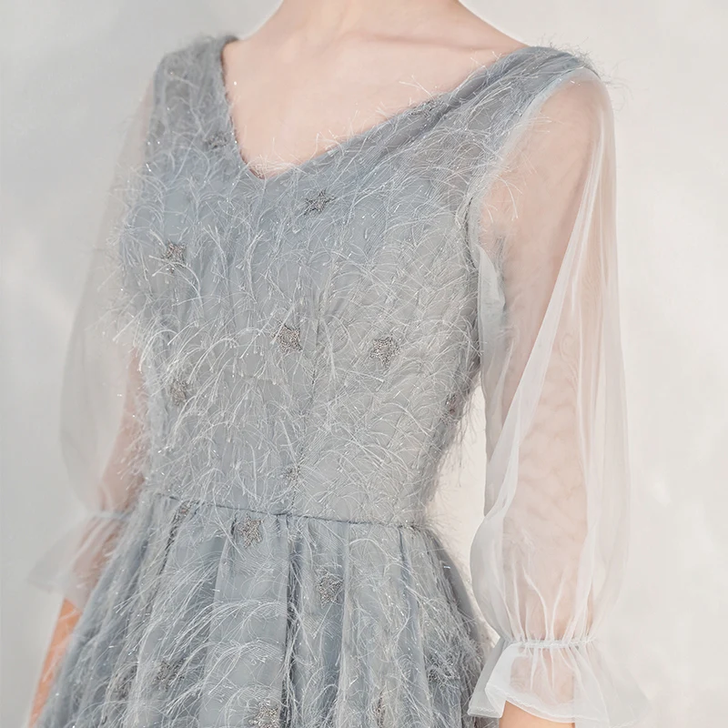 

Gray Feather Bridesmaid Dresses Elegant V-neck A-line Tea-length Medium Long Maid Of Honor Dresses With Full Sleeve
