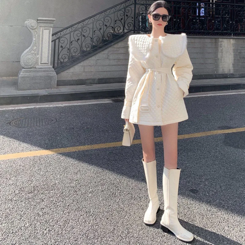 Женская куртка 2022 зимнее Стеганое пальто средней длины со шнуровкой и шерстяным