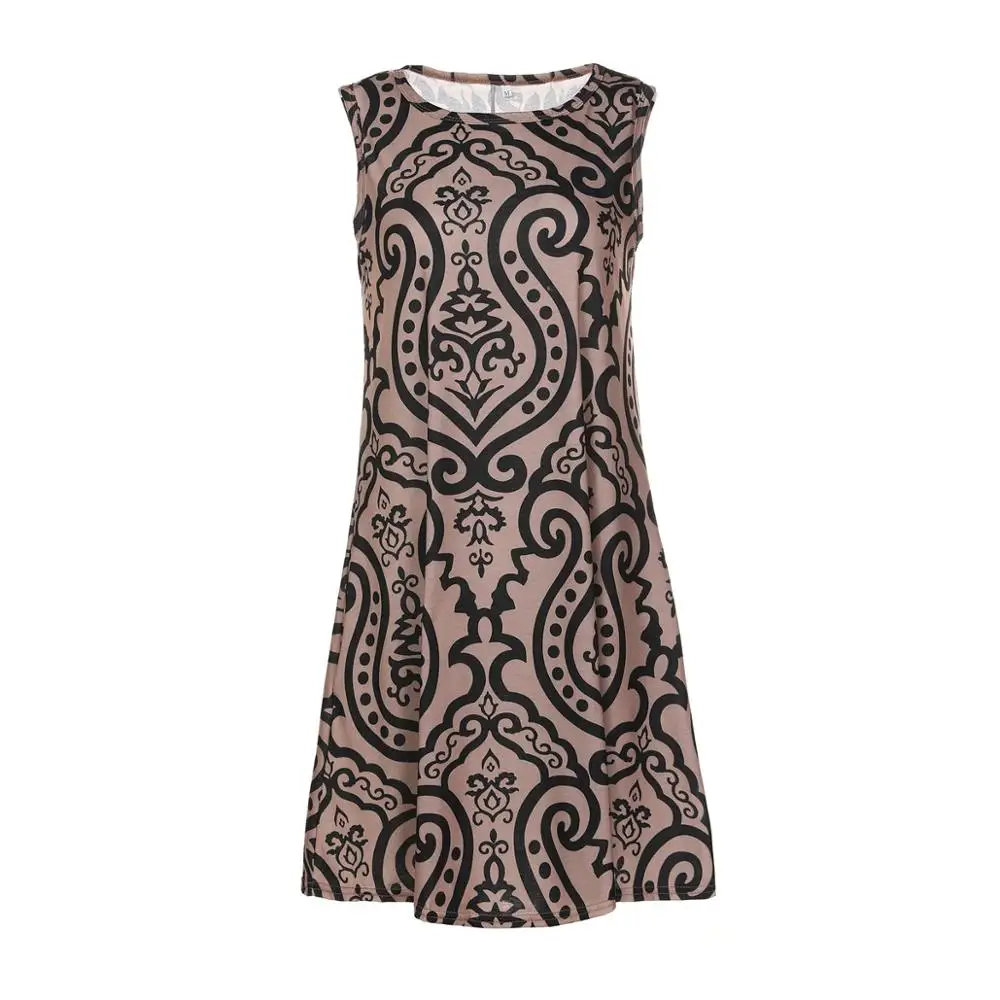 

Women Casual Summer Dresses Basic Sleeveless Round Neck Flower Geometric Patterns Printing Dress Ladies Office Work Wear Femme