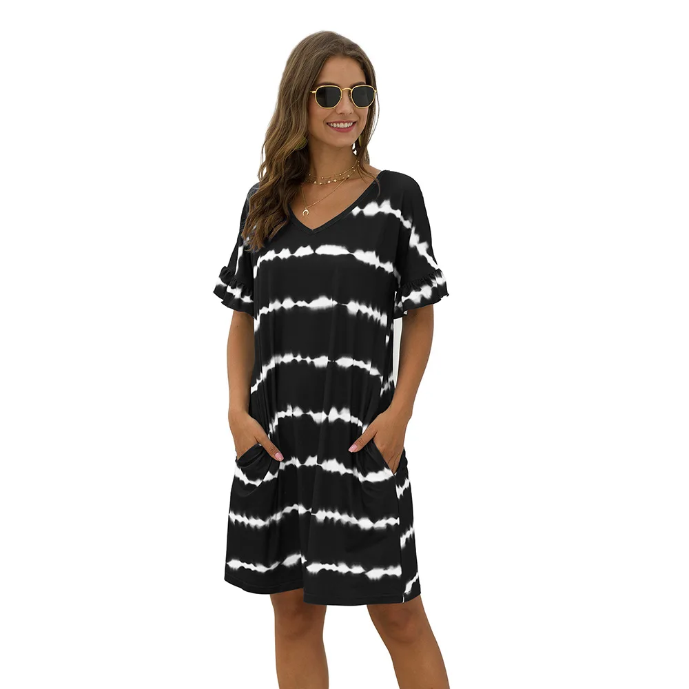 

2020 Women's Fit Summer Dress Printed Knee-length Round Neck Dress Sexy Beach Short Sleeve Dress Bayan Elbise # 30