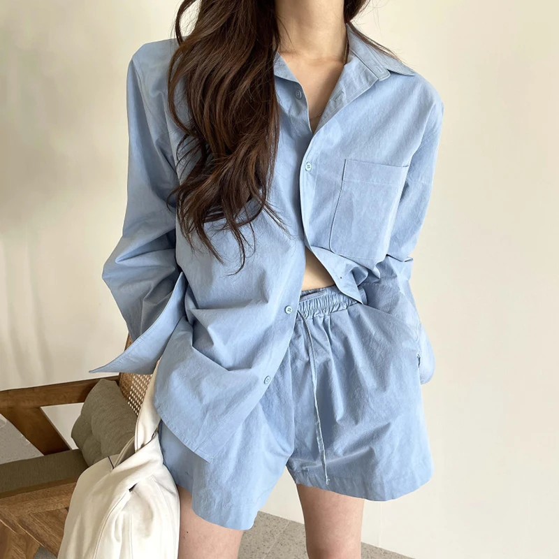 

Korean Wild Lapel Single-breasted Loose Long-sleeved Shirt + High-waist Casual Wide-leg Shorts Two-piece Suit DK1186