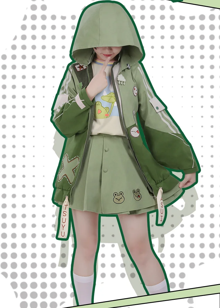 Аниме Cos My Hero Academy Asui Tsuyu Прекрасный маленький динозавр Косплей Костюм+ парик повседневное пальто толстовка с капюшоном женское платье юбка