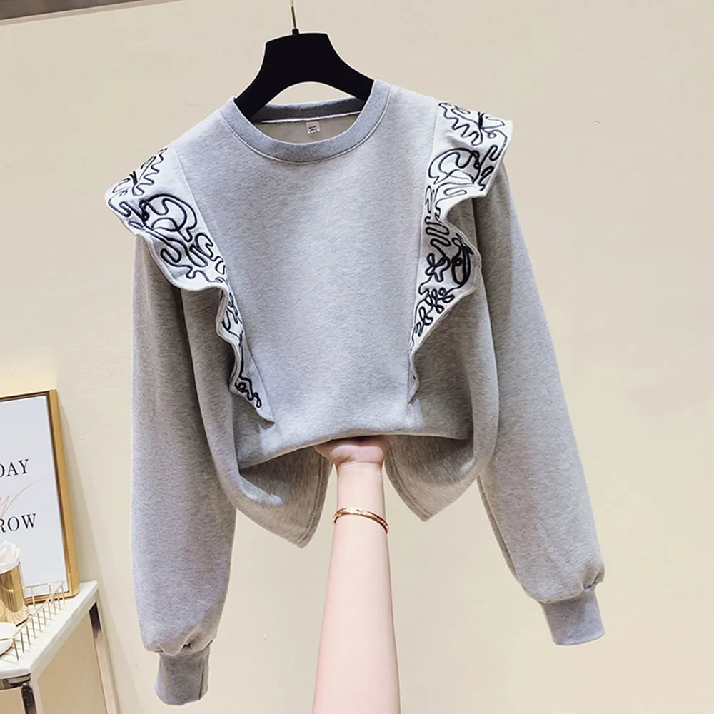 

Новинка Осень-зима 2021, женский свитер с вышивкой и оборками, бархатный толстый свободный свитер блузки в Корейском стиле, женские свитера