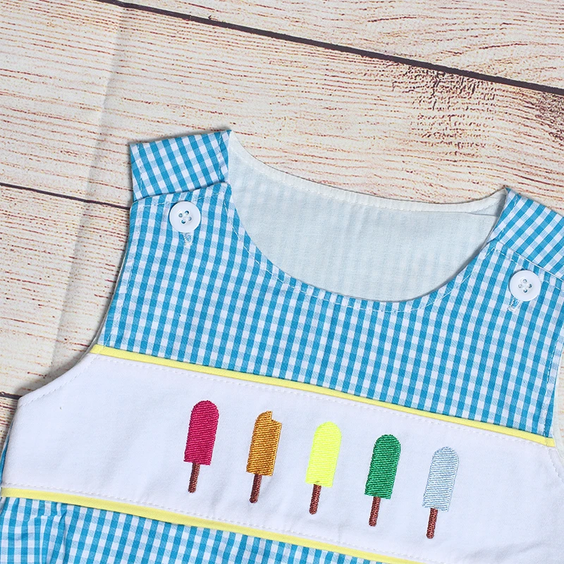 

New Fashion Boutique Summer Boys Blue Plaid Sleeveless Five Popsicle Embroidery Pattern Baby Romper