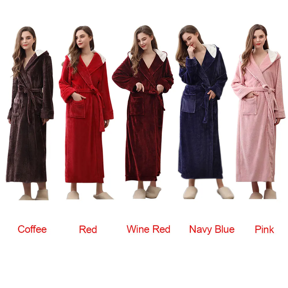 

With Pocket Warm Solid Ladies V Neck Hooded Waist Tie Autumn Winter Dressing Gown Long Sleeve Home Daily Women Robe Thickened