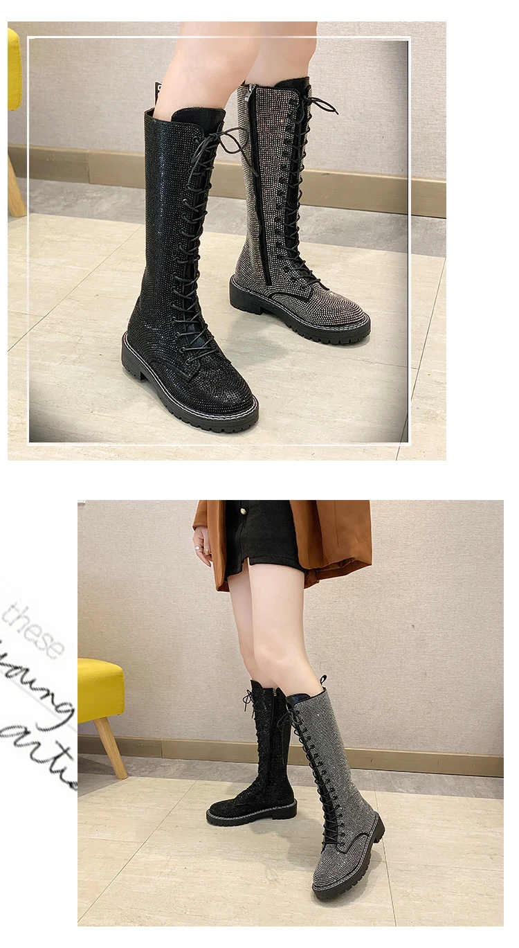 Fashion Sexy Women's Lace-Up Knees High Long Boots Bling Rhinestone Leather Platform Martin Boots Black Silver Zapatos Drop Ship