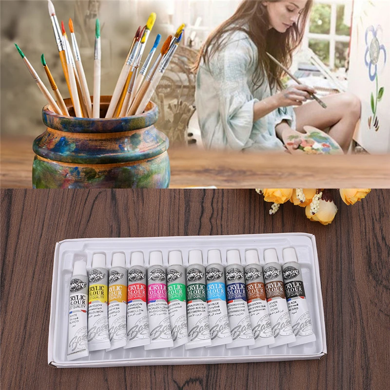 

6ML 12 Color Professional Acrylic Paint Watercolor Set Hand Painted Wall Painting Pigment Brush Artists Ceramic Stone Wall Craft