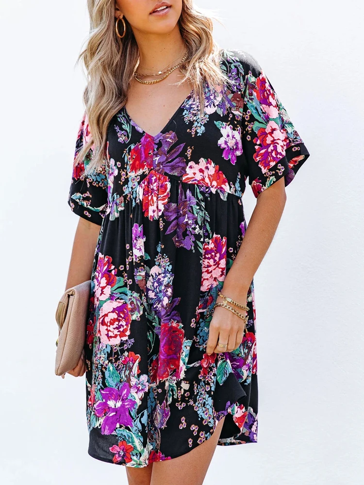 

Floral Dress Plus Size Women Sexy V Neck Short Sleeve Mini Dress Summer Boho Vintage Pleated Elegant Off Shoulder Shirred Dress