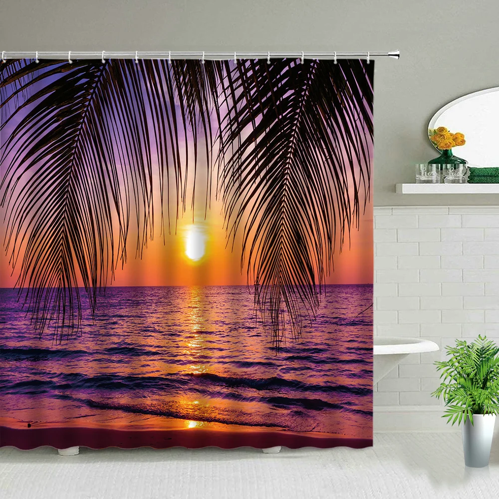 

Sunny Ocean Beach Fabric Shower Curtain Bathroom Curtains Sunset Dusk Tropical Plants Coconut Trees Bath Screen Bathroom Decors