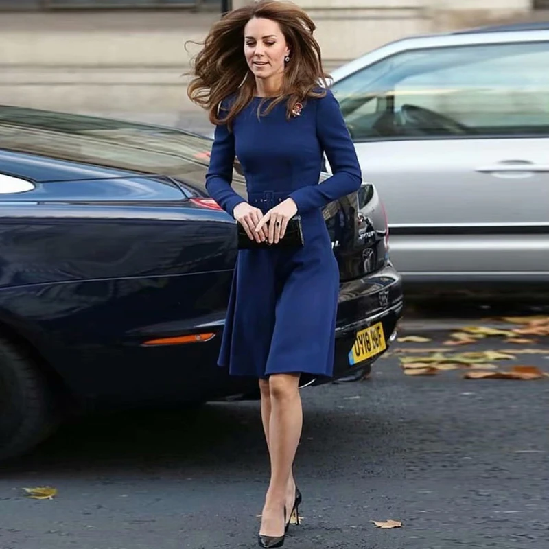 Элегантное платье с поясом Kate Middleton, с длинным рукавом, тонкое, темпераментное, голубое, для банкета, весна, новинка, для женщин, высокое качество, дизайнерское