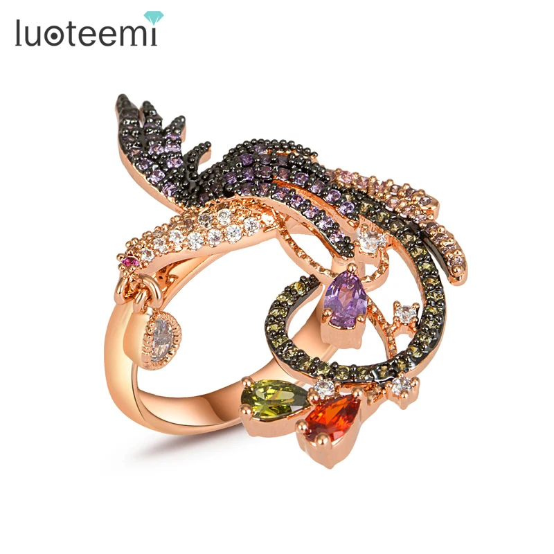 LUOTEEMI,, женский дизайн, розовое золото, цвет, большой размер, женский, мульти, черный, CZ, зубцы, установка, Феникс, животное, птица, CZ кольца