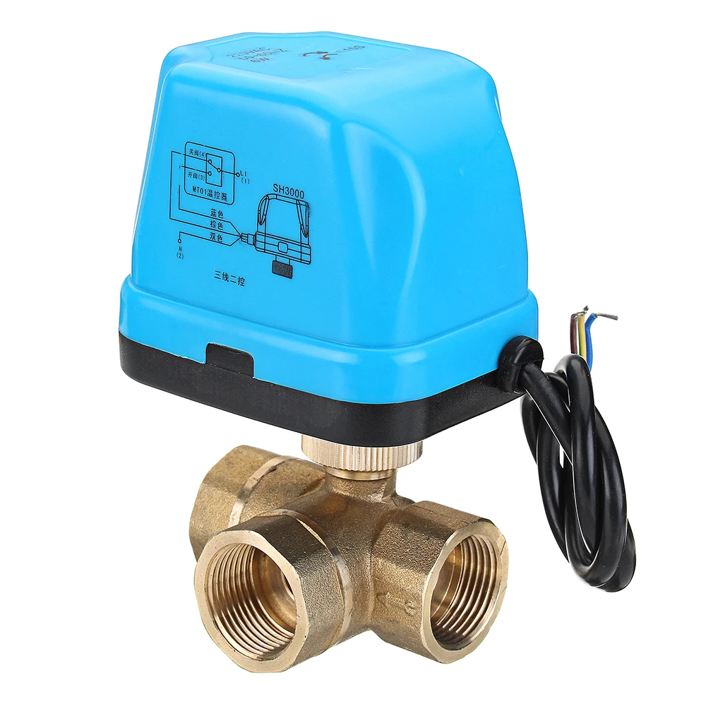 1/2" 3/4" 1" Blue Shell 3 Way Motorized Electric Brass T Ball Valve Wire AC 220V Full Port | Обустройство дома