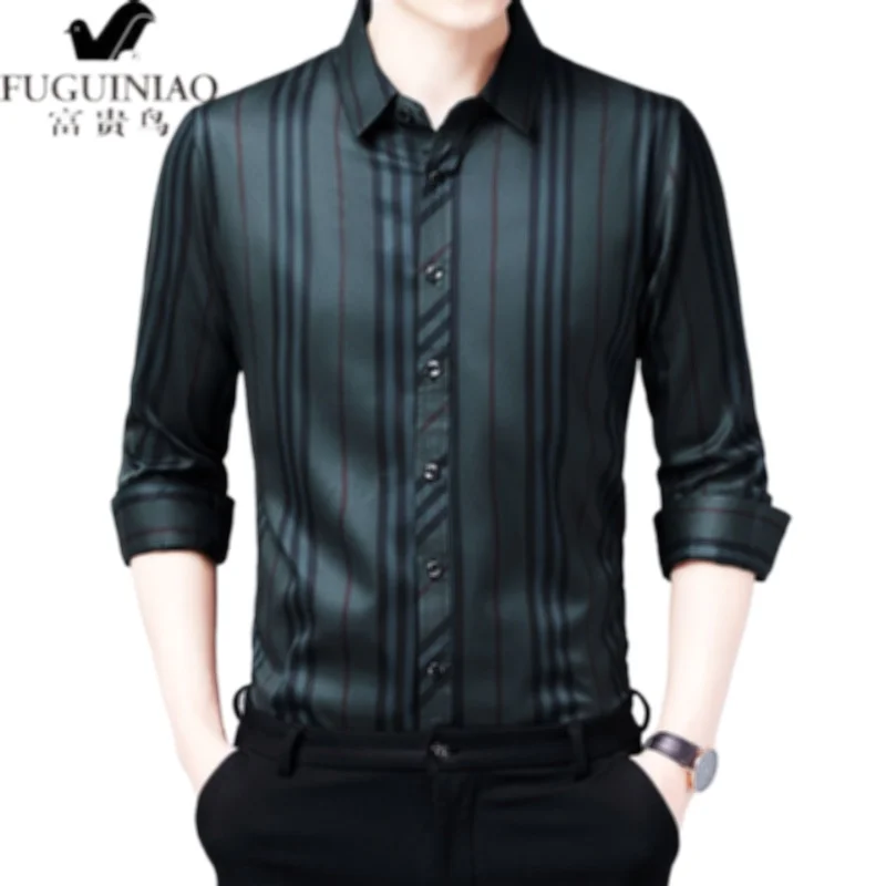 Spring and autumn new men's long-sleeved shirt, middle-aged fashion casual striped shirt