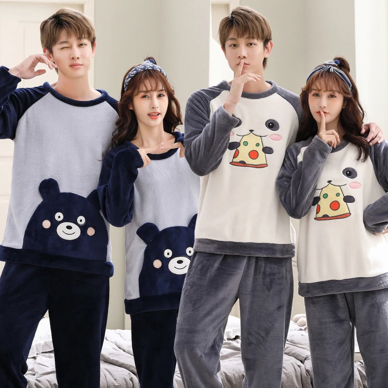 

Couple Thick Warm Flannel Long Sleeve Pajama Sets for Men 2021 Winter Cute Cartoon Coral Velvet Sleepwear Women Homewear Clothes