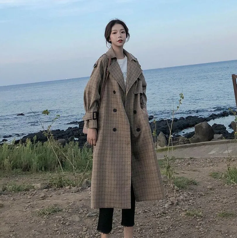 

Korean Style Ladies Trench Coat Plaid Long Double Breasted Belted Oversize Loose Women Duster Coat Outerwear with Storm Flaps