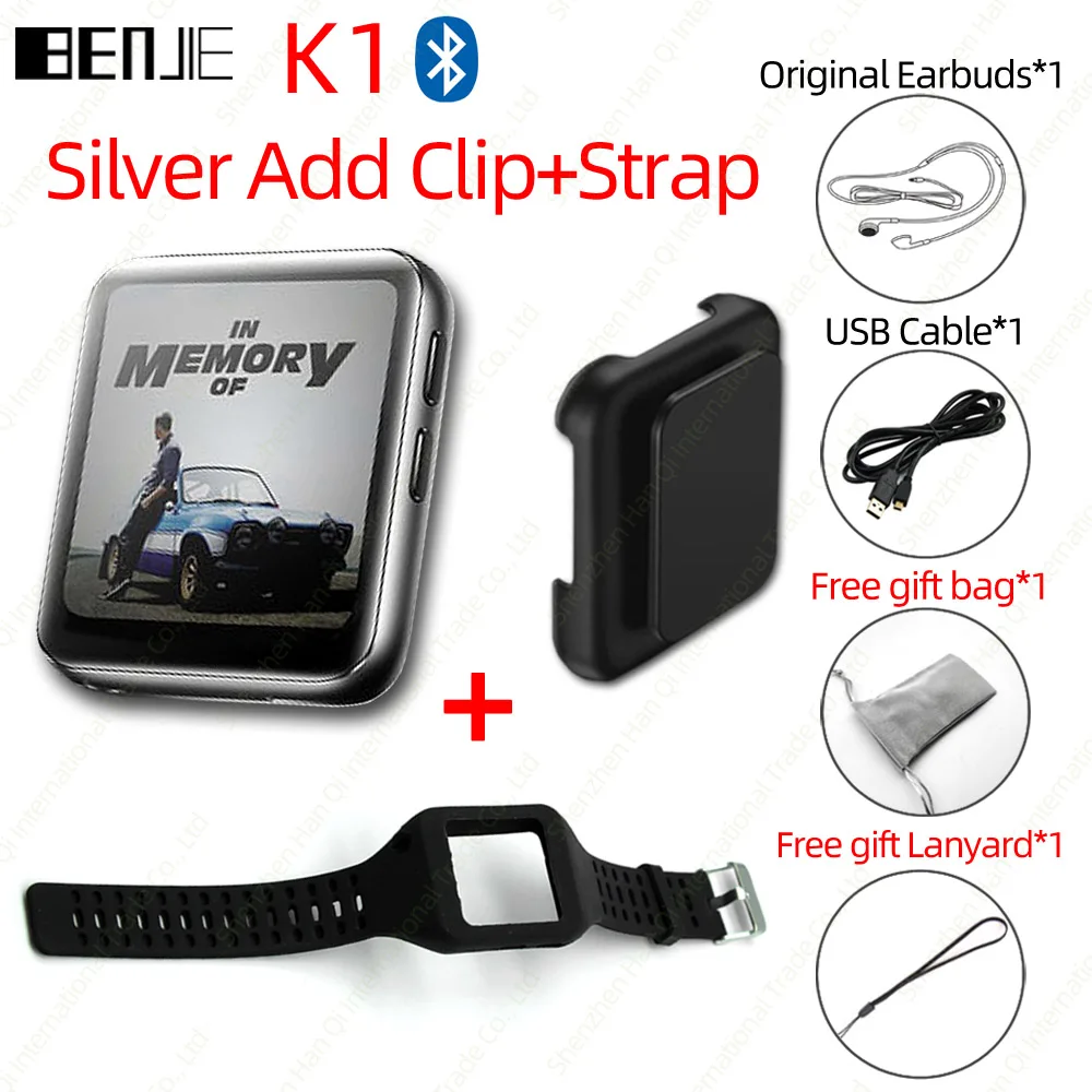 Silver with Strap BENJIE K1 полный сенсорный экран Bluetooth MP3 плеер с fm-радио, рекордер, электронная книга портативный аудио 8 Гб 16 Гб мини клип музыкальный плеер - Цвет: Silver with Strap
