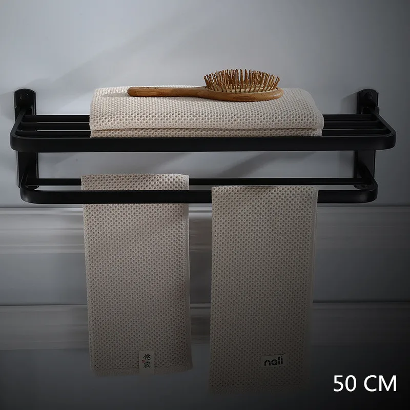 black 50cm Vidric держатель для полотенец для ванной комнаты с двумя полосками алюминиевый черный держатель для полотенец Складной настенный держатель для полотенец 50-60 см вешалка для полотенец - Color: black 50cm