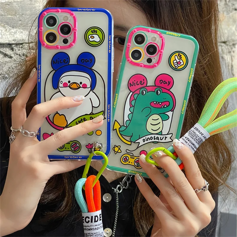 

Korean Cute Graffiti Penguin Hand Strap Phone Case For iPhone 11 12 Pro XS Max Mini X XR 7 8 Plus SE Soft Shockproof Back Cover