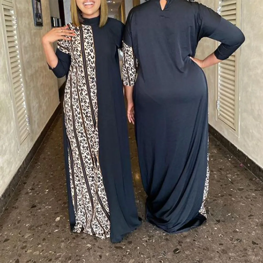 

African Ethnic Maxi Dresses Women Summer 2021 Three-Quarter Sleeve Leopard Print Floor-Length High Waist Long Dress Robe Femme