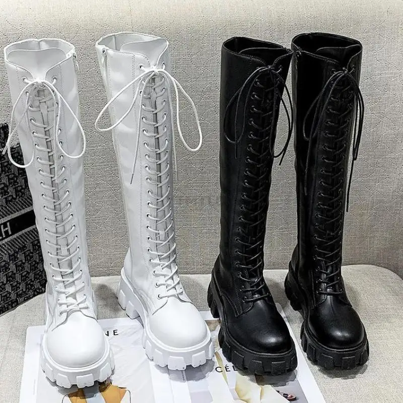 2021 New Thicken Winter Knight Boots Women Knee High Long Square Heel Retro Motorcycle Black White Botas Mujer Ytmtloy