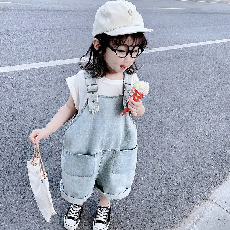 

Spring summer Denim baby girl overalls for girls jeans jumpsuit children leisure pants kids overalls outfits White T-Shirt set