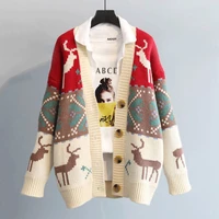 women s sweater 2021 autumn winter new green cardigan coat korean style loose thick red v neck deer jacquard knitted top women