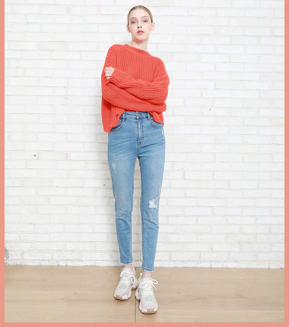 Autumn Winter Women Denim Skinny Pant Stretch High Waist Washed Blue Destroy/Rips Slim Elastic Lady Jeans