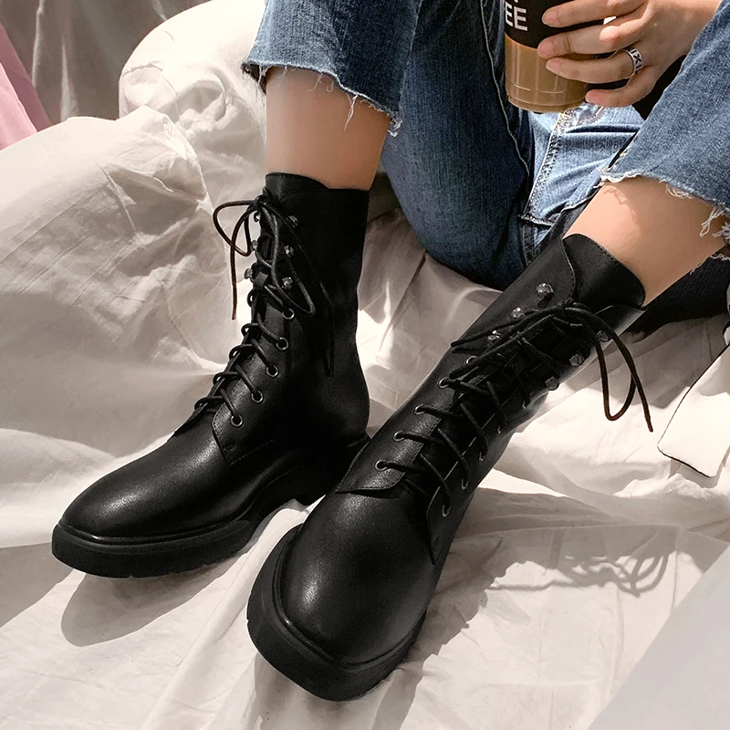 spesifikasi Osunlina 2021 Musim Gugur Handmde Boots Round Toe Renda Kulit Asli Sepatu Bot Untuk Wanita Nyaman Square Sepatu Hak A014