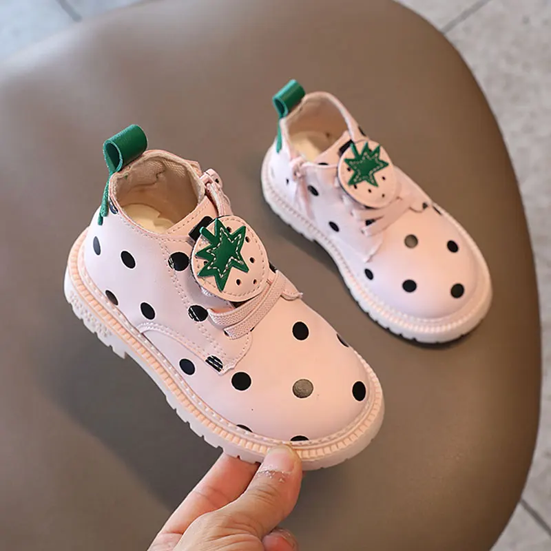 

2021 Autumn Kids Casual Shoes Girls Polka Dot Zip Ankle Boots Fall Beige Pink Baby Child Fashion PU Boot Walk Size 22-31