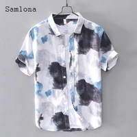 plus size men fashion colorblock top short sleeve linen shirts blusas 2022 summer new casual shirts clothing sexy mens blouse