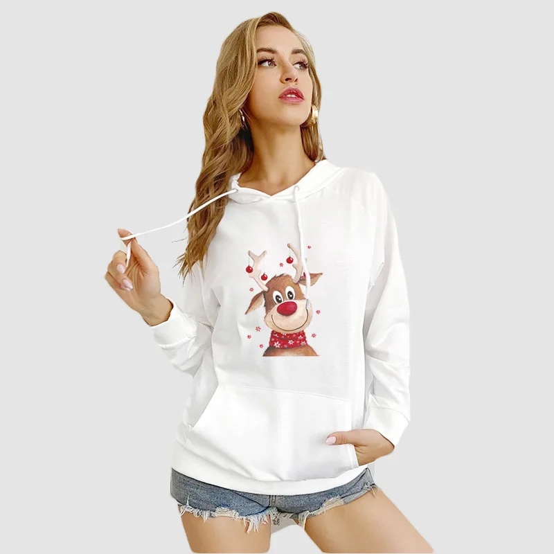 

Women Hooded Sweatshirts Christmas Hoodies Cartoon Elk Print Autumn Winter Fashion Casual Pullover Female Streetwear