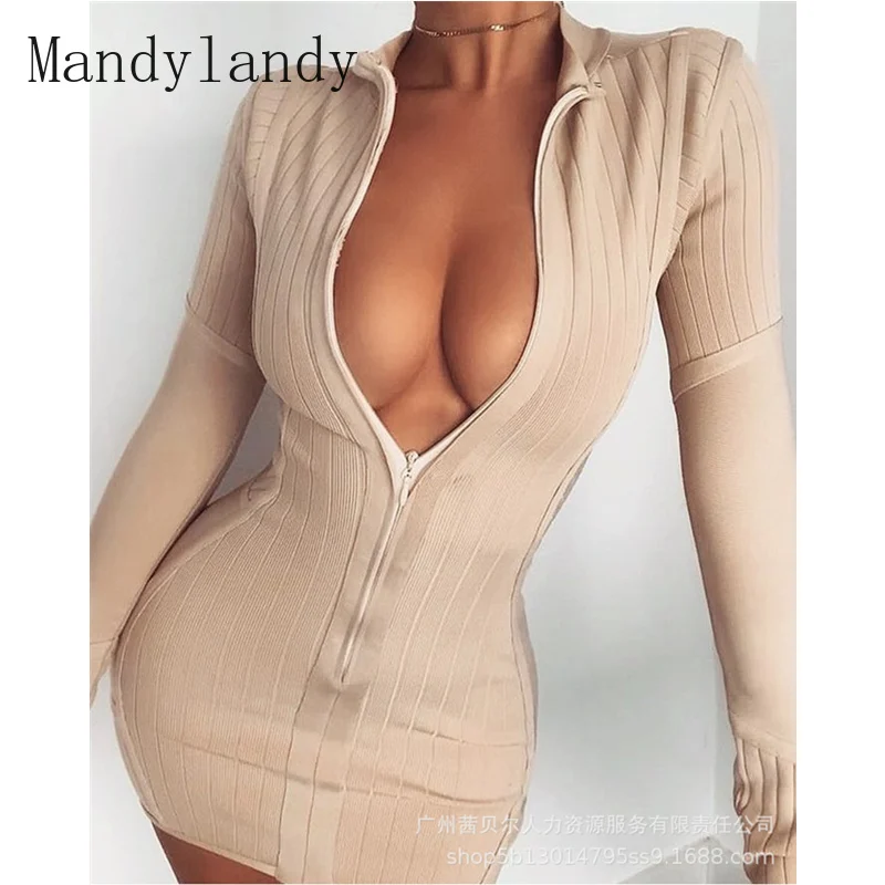

Mandylandy женское сексуальное облегающее платье на молнии, женское элегантное осеннее облегающее мини-платье с длинным рукавом и подставкой