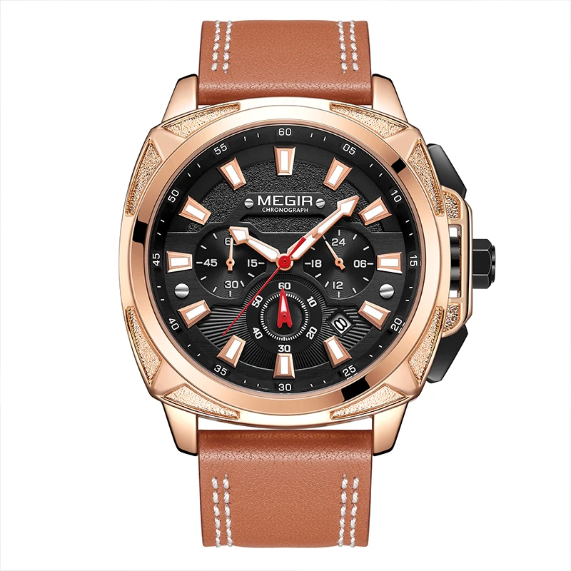MEGIR Лидирующий бренд роскошные мужские наручные часы с хронографом из кожаного