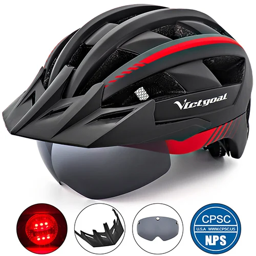 BlackRed Helmet Victgoal MTB велосипедный шлем для мужчин дышащие велосипедные шлемы светодиодный светильник солнцезащитный козырек поляризационные очки дорожный горный велосипед шлем - Цвет: BlackRed Helmet