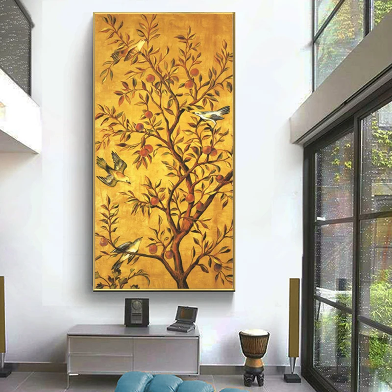 

Golden Yellow Canvas Paintings Traditional Fortune Tree and Birds Posters and Print Wall Art Pictures for Living Home Decoration