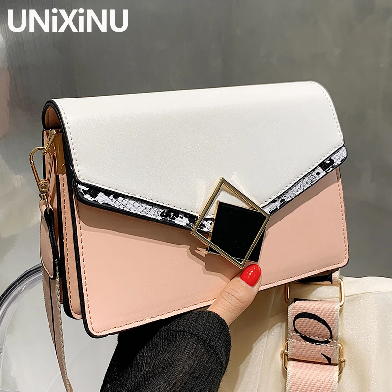 

Женская сумка через плечо, с широким ремешком и клапаном, розовая, под змеиную кожу, 2021