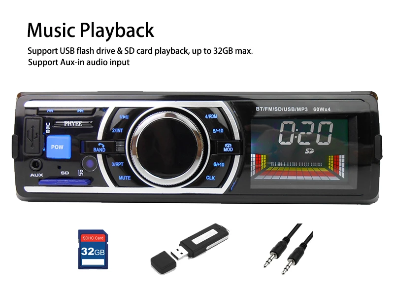 PHYEE Автомагнитола 1 Din Bluetooth Авто Стерео MP3 плеер аудио запись USB SD Aux 12 в ISO разъем в тире головное устройство JSD-520