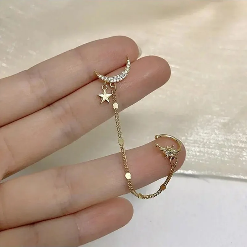 

Simple Moon Star Rhinestone Long Chain Earrings For Women Shine Sun Crescent Geometric Tassel Piercing Earring Party Jewelry