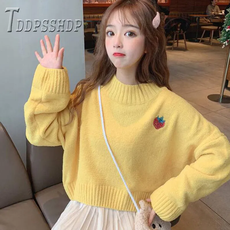 2019 вышитый клубничный корейский женский свитер Свободный пуловер осенний