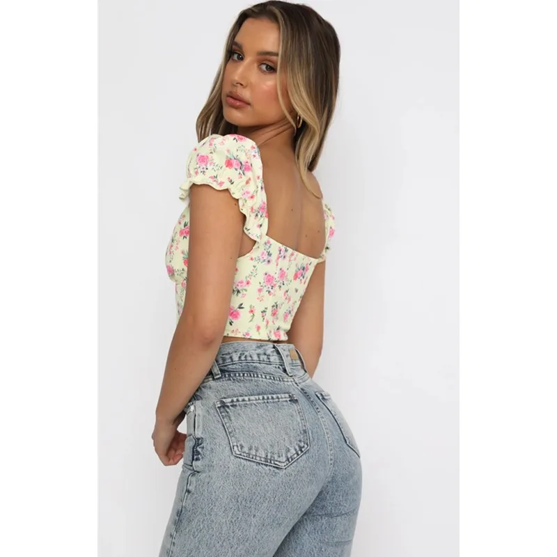

2021 Floral Print Crop Top Short Puff Sleeve V-neck T-shirt Women Slim Fit Corset Tee Zipper Bustier Summer Sexy Streetwear