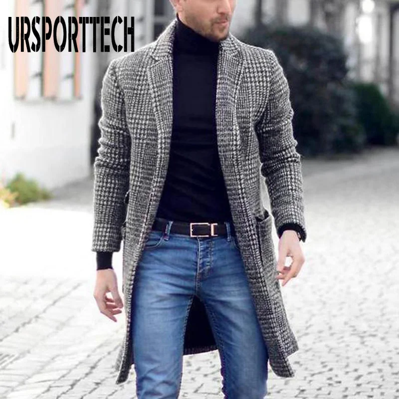 Осенне-зимнее винтажное мужское клетчатое шерстяное пальто средней длины с